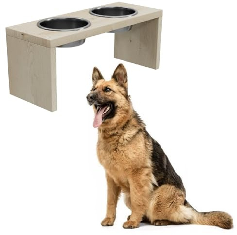 QLS Futterstation XL 2 x 0,9 L aus Kiefernholz mit Edelstahlnäpfen Natur | Erhöhte Holzkonstruktion mit 2 Edelstahlnäpfen rutschfesten Füßen und fester Napfaufnahme für große Hunde