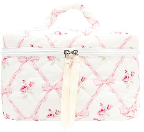 Quilted Makeup Bag for Women, Travel Cosmetic&Toiletry Bag,Bow Rose