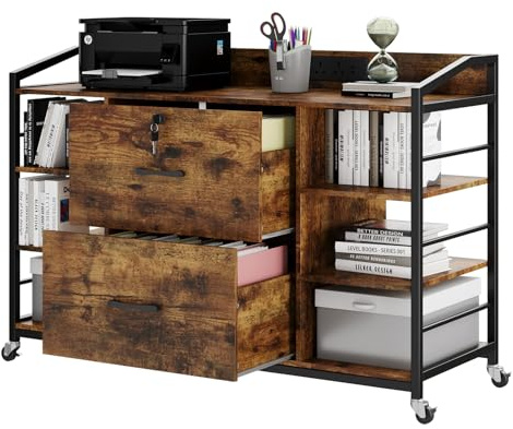 Warmiehomy Rustic Brown Mobile Filing Cabinet with 2 Office Drawers, Rolling File Cabinet on Wheels with Lock & Power Strip, 6 Storage Shelves Metal Document Storage Cabinet for Home Office Furniture