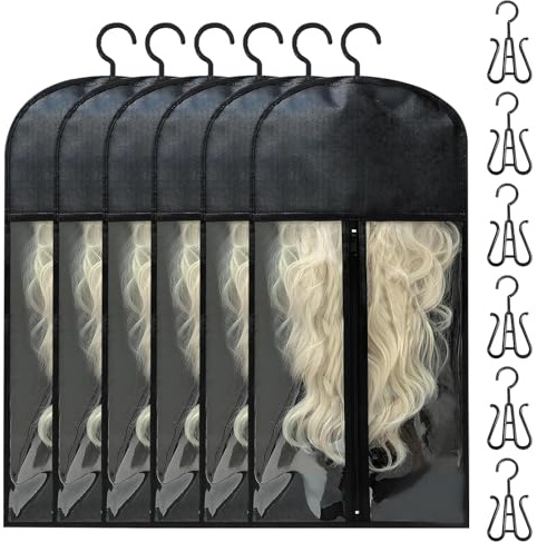 Bolsa de almacenamiento para extensiones de cabello, 6 bolsas de almacenamiento portátiles para pelucas con ganchos, a prueba de polvo, soporte de almacenamiento para cabello estilo tienda (negro)