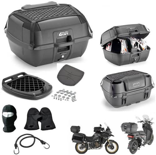Compatible con Beta Motor Ark 50 Air Coled Cat Baúl B45B + Maleta Monolock 45 l todo negro baúl con red elástica + respaldo + alfombrilla + placa + kit de montaje