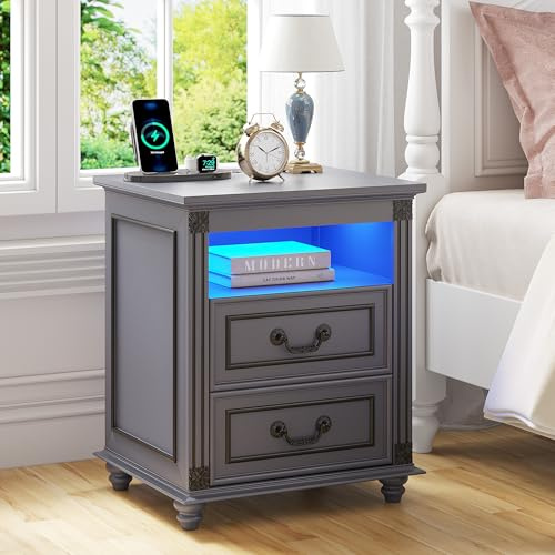 FREDEES Nachttisch mit Steckdose, LED Nachttisch mit Ladefunktion, Beistelltische mit 2 Schublade Holz Nachtkommode für Schlafzimmer/Wohnzimmer Grau