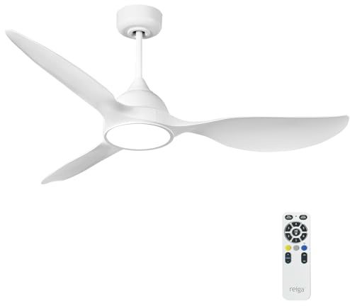 reiga Ventilateur de plafond avec lumière, blanc silencieux 132 cm | Moteur DC réversible, Télécommande, Minuterie, Pour chambre, salon bureau