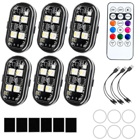 Gazocua Gyrophares pour Voiture - 6 Pièces Sans Fil Avertissement Ambiance - Télécommande 8 Couleurs LED Clignotant pour Véhicule Aérien Terrestre Motocycle Remorque