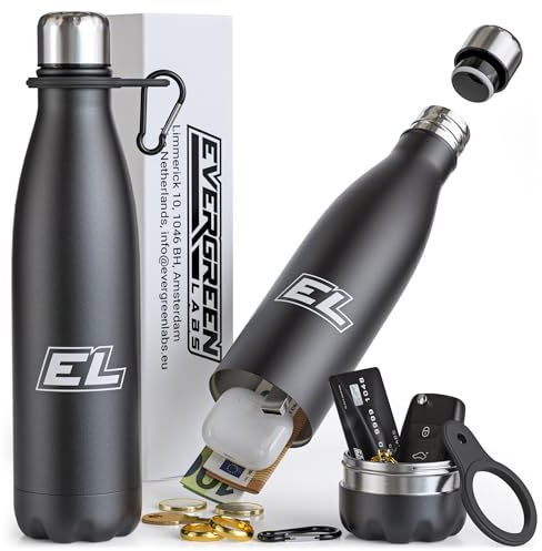 Evergreen Labs Wasserflasche mit Geheimfach – Geheimversteck Wertsachen – Edelstahl Thermosflasche (30,5 cm) mit großem Versteck (7x7 cm) für Geld, Schlüssel & Schmuck – Schwarz