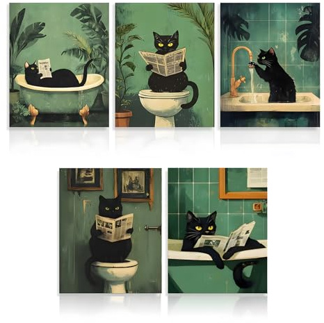 5pcs Schwarze Katzen Badezimmer Bild Katze Poster Humor katzenbilder Badezimmer Vintage katzenposter 20*25cm Bild Katze auf klo Wasserdicht Geeignet für bad Toilette Wohnzimmer Schlafzimmer Rahmenlos