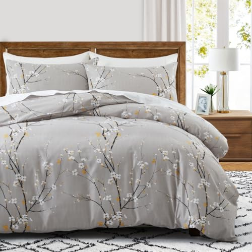 LYJKLST Bettwäsche 180x200 3teilig Bettbezug Birne weiß - Bettwäsche-Sets 180 x 200 cm mit 2 Kissenbezüge 80x80cm, ÖKO-TEX Bettwäsche Bedding Birnenzweig mit Reißverschluss grau