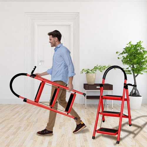 Escabeau Ménager 3 Marches en Aluminium avec Mains Courantes 150 KG Escabeau en Aluminium Echelle Multifonctions pour Maison et Bureau-104 x 57 x 41,5 cm - 3 marches (Rouge)