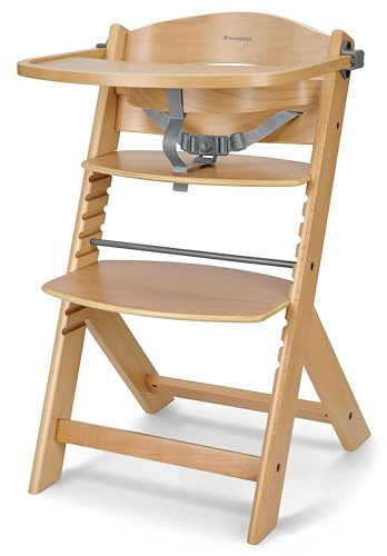 KikkaBoo Chaise Haute Bébé Évolutive en Bois NORDY, Bois de Hêtre, Réglable jusqu’à 35 kg, Plateau Amovible, Siège et Repose-Pieds Réglables, Harnais 3 Points, Bois