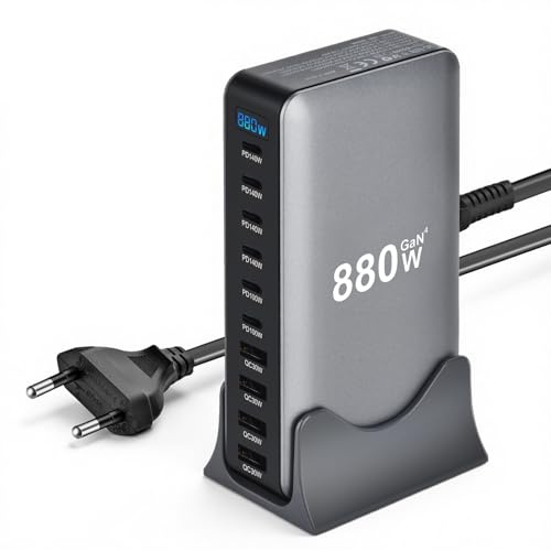 10 in 1 & 880W USB C Ladegerät Mehrfach, Ultra-schnelle GaN 4 Laptop Ladestation Max PD140W, 100W/QC30W (6C+4A), kompatibel mit MacBook Pro/Air, iPad, iPhone, HP, Galaxy S25 usw (Grau)