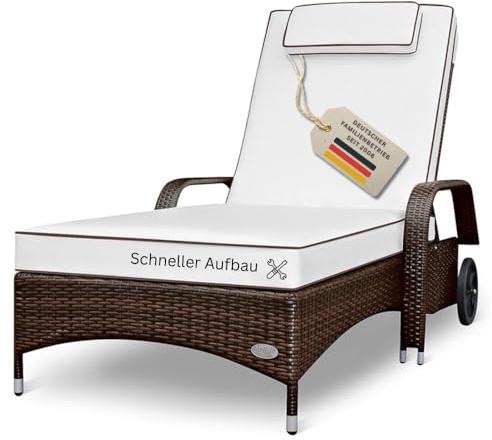 RS Trade Sonnenliege Gartenliege Wetterfest Rattan – XXL Relaxliege extra breit mit Rollen & Armlehnen, Verstellbar, bis 200kg, Outdoor Liege für Garten, Terrasse & Balkon, braun mit weißer Auflage