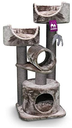 Petrebels Kratzbaum Victoria 125 cm hoch, Design Kratzbaum mit Liegefläche, Spielrolle, Höhle und Dicke Stämme Ø 12 cm, Farbe Cappuccino