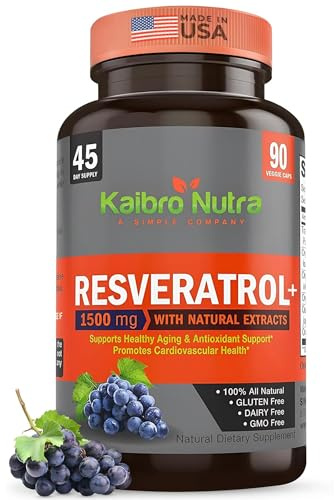 Kaibro Nutra Resveratrol Supplement, 1500mg Extra Strength Trans Resveratrol, Quercetin with Japanese Knotweed Extracts, Anti-Aging, Radiant Skin and Immunity Support, Vegan & Non-GMO, 90 Capsules