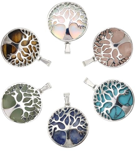 TOAOB 6pcs 27mm Tree of Life Charms Natural Gemstone Pendant for Jewellery Making Mixed Colors Metal Frame Hollow Round Charms for DIY Necklace Bracelet Earring Craft Supplies