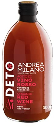 Deto Andrea Milano, vinaigre de vin rouge avec lie, non filtré et non pasteurisé, à boire dilué dans l'eau ou comme assaisonnement pour vos plats, fabriqué en Italie, 500 ml