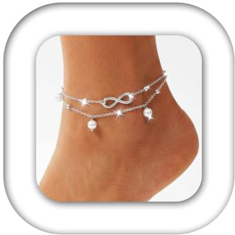 Zoestar Boho Double Cheville Argent Perle Cheville Bracelet Perles Chaîne Pour Toujours Pied Bijoux pour Femmes et Filles