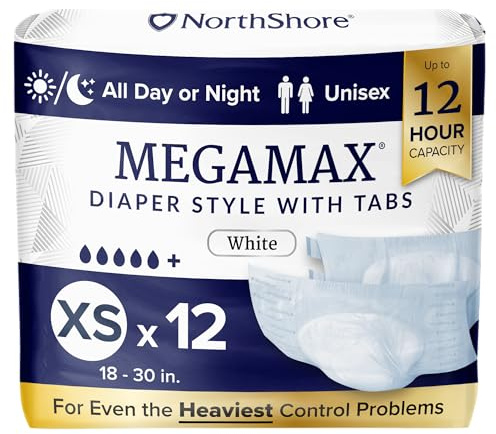 NorthShore MegaMax - Pannolini HBL per adulti, 12 ore, per perdite di vescica pesanti, taglia XS, 12 pezzi, bianco, 45,7-76,2 cm, biancheria intima per incontinenza con linguette, per uomini, donne e