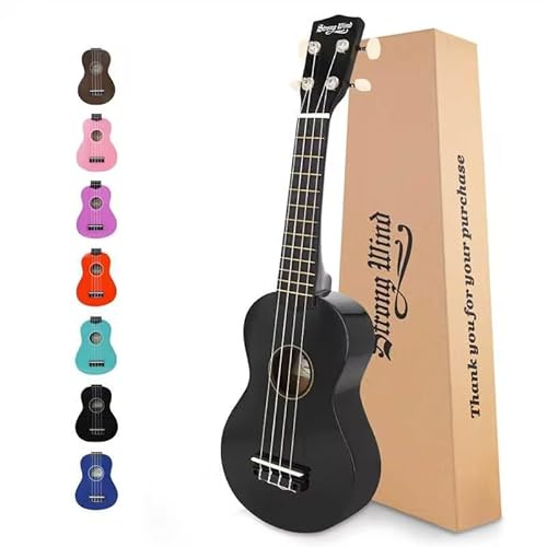 Strong Wind Soprano Ukulele 21 Inch Basswood Ukeleles for Beginners Four Strings Hawaiian Guitar Christmas Ukulele for Adults Teenagers, Black