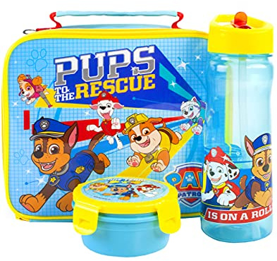 PAW PATROL Lunchbox-Set für Kinder | Isolierte Lebensmittel-Tasche, Flasche & Snack-Behälter | Chase, Rubble, Marshall, Skye | TV-Show | Isolierte Tasche hält Essen frisch | Langlebiges Material