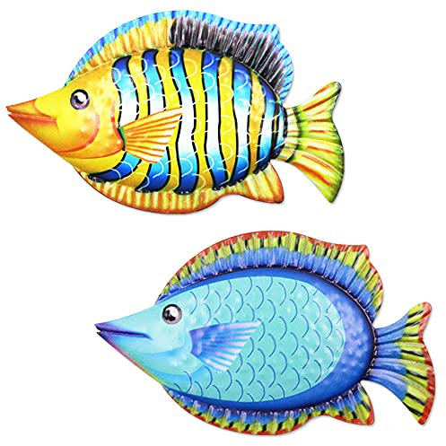 NA 2 Stück Metall Fisch Wandkunst Dekor, Metall Fisch Wandskulpturen, Ozean Thema Metall Kunst Wanddekoration Metall Tropische Fische Kunst Wanddekoration (orange, blau)