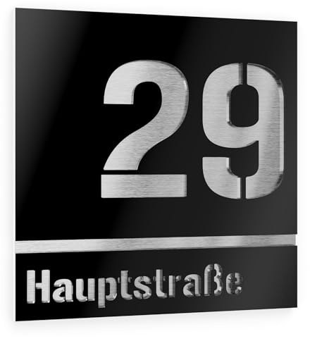 Graviers Design targhetta numero civico a due righe da esterno – 380x380 mm, nero, acciaio inox V2A (AISI 304), personalizzabile