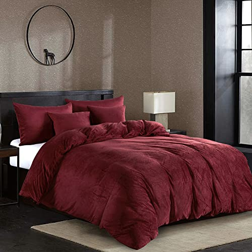 Omela Winter Bettwäsche 200x200cm Warm Fleece Plüsch Bettbezug Set Weinrot | Oeko-TEX zertifizierte, mit 2 Kissenbezug 80x80 cm, Cashmere Touch, Flauschig, Winterbettwäsche Set, Reißverschluss