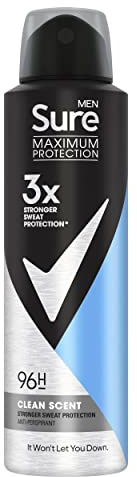 Sure Men Maximum Protection Clean Scent Déodorant anti-transpirant en spray avec 3 fois plus fort* Protection contre la transpiration Anti-transpirant Aérosol Protection 96h contre la transpiration et