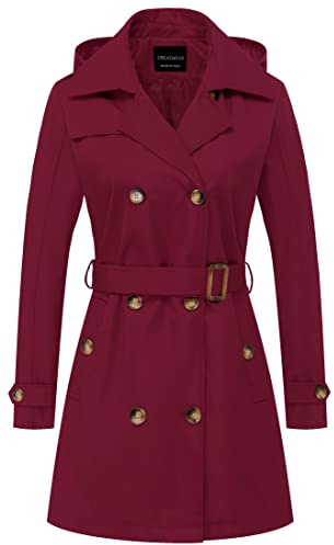 CREATMO US Damen-Trenchcoat, zweireihig, klassischer Revers, Übermantel, Gürtel, schmale Oberbekleidung, Mantel mit abnehmbarer Kapuze, Weinrot, XS