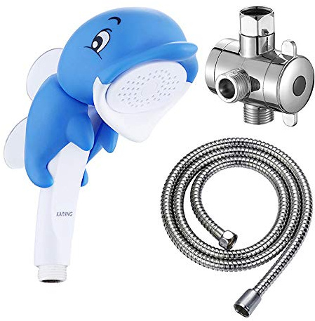KAIYING Delphin - Alcachofa de ducha infantil para niños pequeños, cabezal de ducha para bebé, accesorios de baño, cabezal de ducha para niños con soporte, manguera y válvula de inversión