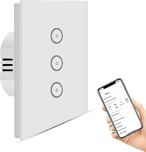 Zauzau Smart ZigBee Lichtschalter, intelligenter Wandschalter Kompatibel mit Alexa und Google Home 3 fach 1 Weg Unterputz Schalter mit Kristall Glaspanel, Weiß (Hub erforderlich)