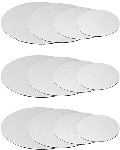 QWORK® 12 Piezas Base Redonda De Cartón para Tartas, 15, 20, 25, 30 cm, Base para Tartas, Cartón Plateado, para Bodas, Tartas De Cumpleaños, Fiestas En Casa
