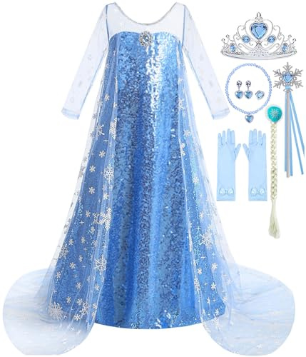 Tyidalin Déguisement Reine des Neiges Robe pour Enfant Fille Costume de Princesse Bleu Carnaval Halloween Cosplay Anniversaire Fête