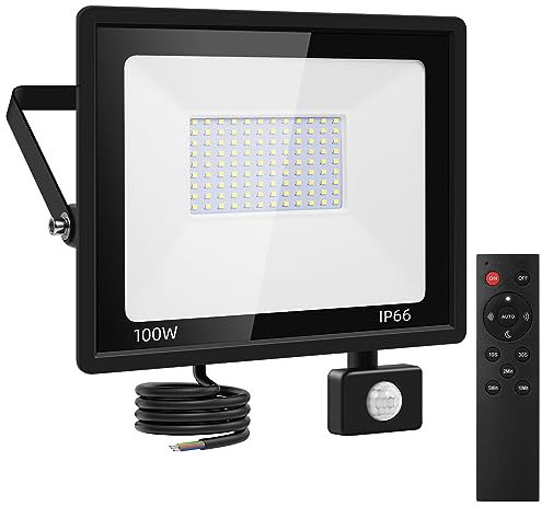 papasbox 100W LED Strahler mit Bewegungsmelder Außen | Flutlicht Außenstrahler Scheinwerfer Aussen mit Fernbedienung Lichtsensor | 6500K Kaltweiß IP66 Wasserdicht Fluter für Garten Garage Sportplatz