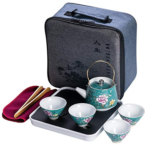 Vajilla de viaje con bandeja juego de tazas de té de cerámica tetera de porcelana para adultos juego de té portátil con bolsa todo en uno para picnic al aire libre, azul (rojo) (verde) decoración