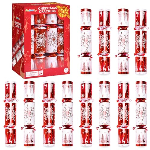 Christmas Crackers, 12 Pack Valentines No Snap Party Favors with Party Hat, Joke & Little Gift Inside for Christmas Thanksgiving Seasonal Holiday Dinner Traditions (Red White Deer)