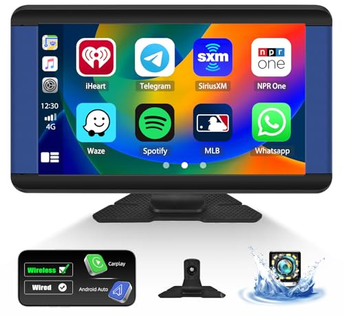 CAMECHO Inalámbrico Carplay Android Auto Radio de Coche, 7 Pulgadas HD Portátil Pantalla Táctil Receptor estéreo con Bluetooth AUX/FM/USB/Airplay/Mirror Link + AHD Cámara de visión Trasera