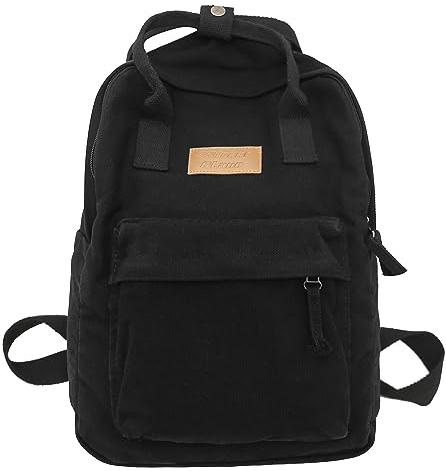 TeeYee Canvas Rucksack Damen Backpack mit Griff Medium Kapazität Mädchen | Daypack für Schule Alltag Arbeit,Schulrucksack mit Mehre Fächer,Schwarz