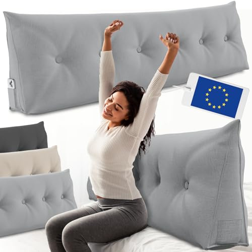 ELONEO Rückenkissen 180 cm breit, Keilkissen für Bett und Sofa geeignet, dreieckiges Lesekissen, Kissen mit abnehmbarem und waschbarem Bezug, mit praktischem Seitenfach