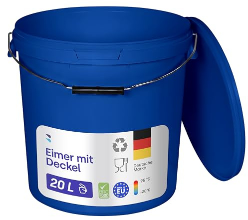 BenBow - Eimer mit Deckel blau 10x 20 Liter - lebensmittelecht stabil luftdicht auslaufsicher geruchsneutral - Aufbewahrungsbehälter aus Kunststoff - Metalgriff - Rissfester Griff, leer - zur Hause