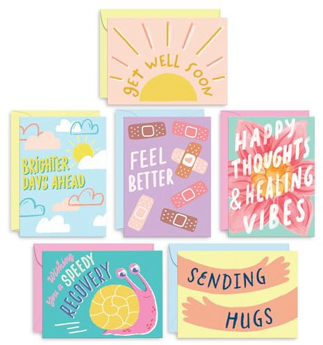 S&O Fun Get Well Cards with Envelopes, Colorful Card Set of 24 - Cute Gifts for Men & Women - Get Better Soon sheets w/Message - Assortment Greeting Note Box - Speedy Recovery Decor Sheets