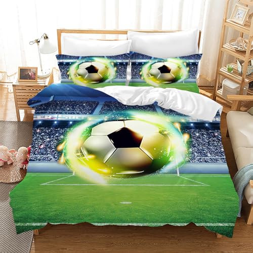 Leleyouzer 3D Fussball Bettwäsche 135×200 cm,Fußball Bettwäsche Set für Jungen Kinder,Weiche Mikrofaser Bettwäsche 3-teiliges Set mit 2 Kopfkissenbezügen 50 x 75 cm (Fussball 1)