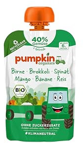 Pumpkin Organics Bio Gemüse-Getreide-Quetschie Birne, Brokkoli, Spinat, Mango, Banane, Reis ohne Zuckerzusatz¹ - ab dem 6. Monat - als Snack oder Beikost für unterwegs - glutenfrei (100g)