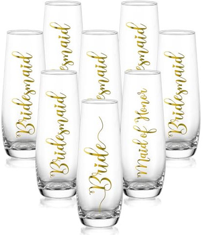 NUPTIO Sektgläser Becher Geschenk Hochzeit: Satz von 8 Gravur Gläser Bride Bridesmaid Trauzeugin Champagner Prosecco Glasses Gold Tumbler Party Champagnerglas Sektflöten Gift Stemless