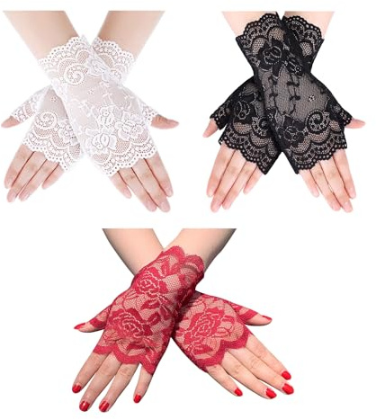 3 Pairs Ladies Lace Satin Fingerless Half Finger Party Dance Gloves - Red, White, Black