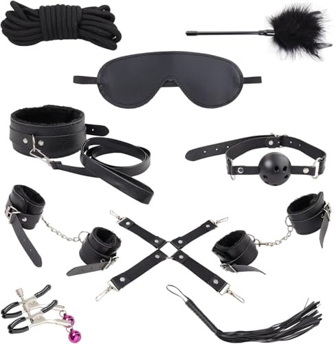 10er BDSM Bondage Set Fesselset Erotik SM Sex Spielzeug Zugband Handschellen Knöchelmanschetten Nippelklemmen Ballknebel Federkitzler Peitsche Baumwollseil Paare