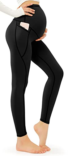 JOYSPELS Women's Maternity Leggings Over Bump with Pockets Soft Belly Support Yoga Pants Workout Pregnancy Gym Leggings UK Black M