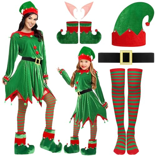 Lets Joy Weihnachtself Kostüm Set, Elfenkostüm Kinder Mädchen, Weihnachtsfeiern Kostüm, Wichtel Kleid, Elfenohren Kleid Hat Socken Schuhe Gürtel Zubehör, Weihnachts Cosplay (Größe110-(105-110cm))