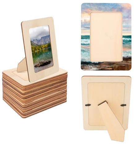 kukmakri 30 Pack Unfinished Wooden Picture Frames Set with 4x6 inch Photos, Wooden Frames for Crafts, Standing Postcard & Photos Picture Frame Set –Suitable for Crafts DIY, Souvenir decoration