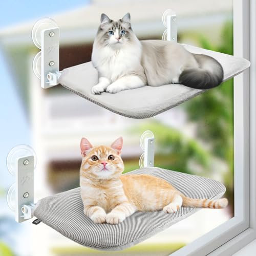 GUUSII HOME 2PCS Katzen Fensterliege Hängematte Fenster Katzenbett Fensterbank Katzenliege Faltbare Fensterplätze Kabelloses Katzenhängebett mit Starken Saugnäpfen 52 * 30cm Hält 25kg (Grau,M)
