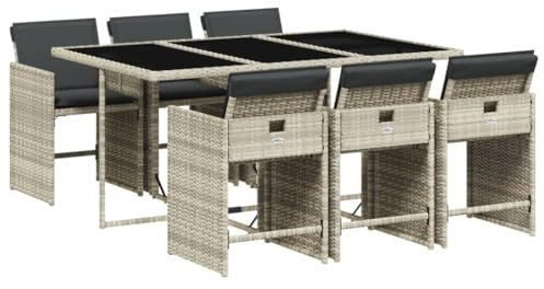 HETFTJN Garten Möbel Draußen Lounge Möbel Outdoor Wohnzimmer Möbel Outdoor Lounge - 7-TLG. Garten-Essgruppe mit Kissen Hellgrau Poly Rattan für Garten Café Balkon Hof